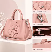 Camellia Floral Genuine Leather Satchel Handbag Blush Pink