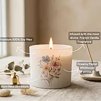Vanilla soy wax candle lit on dinner table — warm home fragrance India