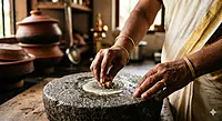 Kerala grandmother preparing Vayambu Urasu Marunnu on granite rubbing stone