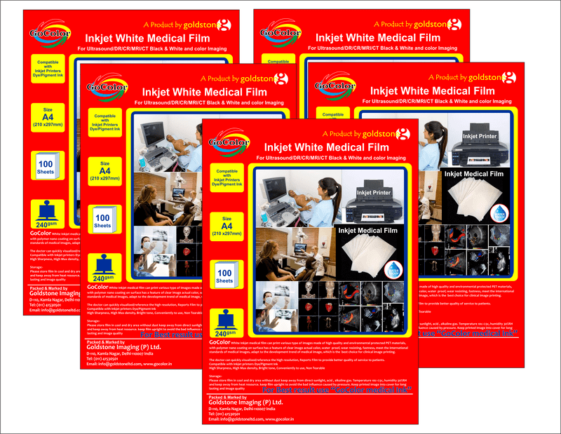 Inkjet Medical White Film A4 Size x 100 sheets For DR/CR/MRI/CT Imaging Film Size :A4 x100 Sheet / 175 Micron / 240 gsm pACK OF 5 Packets Inkjet Medical White Film A4 Size x 100 sheets For DR/CR/MRI/CT Imaging Film Size :A4 x100 Sheet / 175 Micron / 240 gsm pACK OF 5 Packets