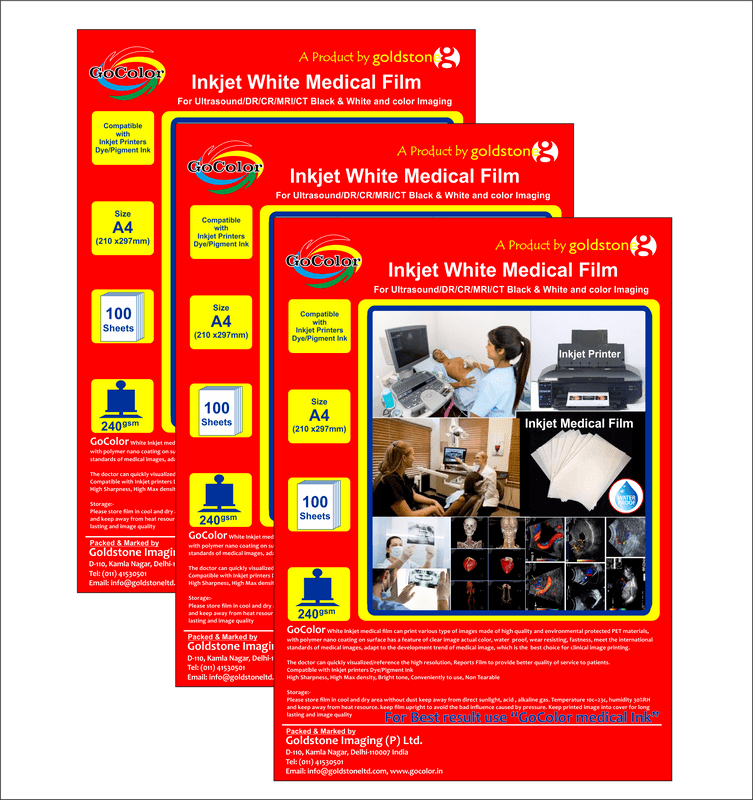 Inkjet Medical White Film A4 Size x 100 sheets For DR/CR/MRI/CT Imaging Film Size :A4 x100 Sheet / 175 Micron / 240 gsm PACK OF 3 PACKETS