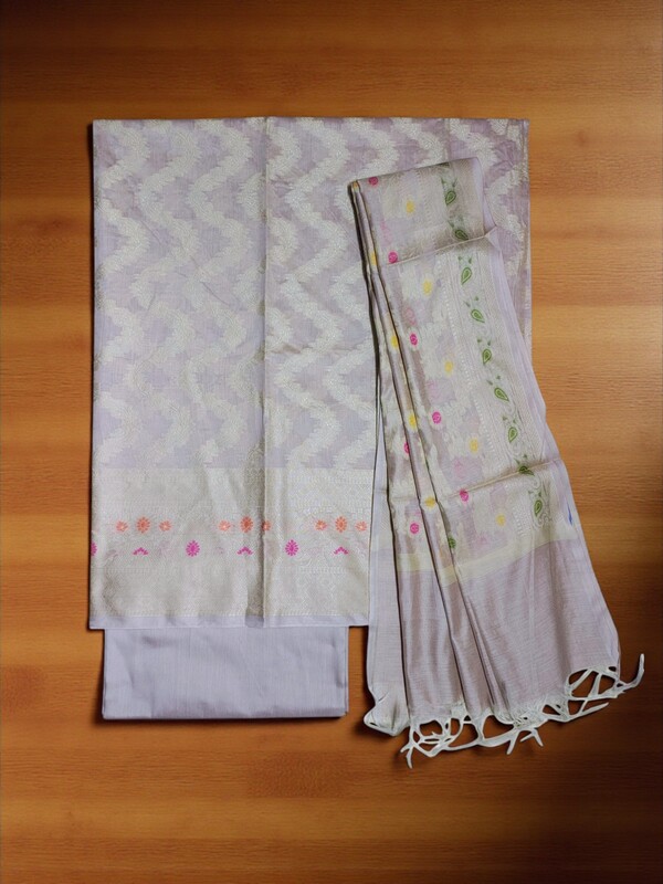 Beige Banarasi Cotton Silk Dress Material for Women