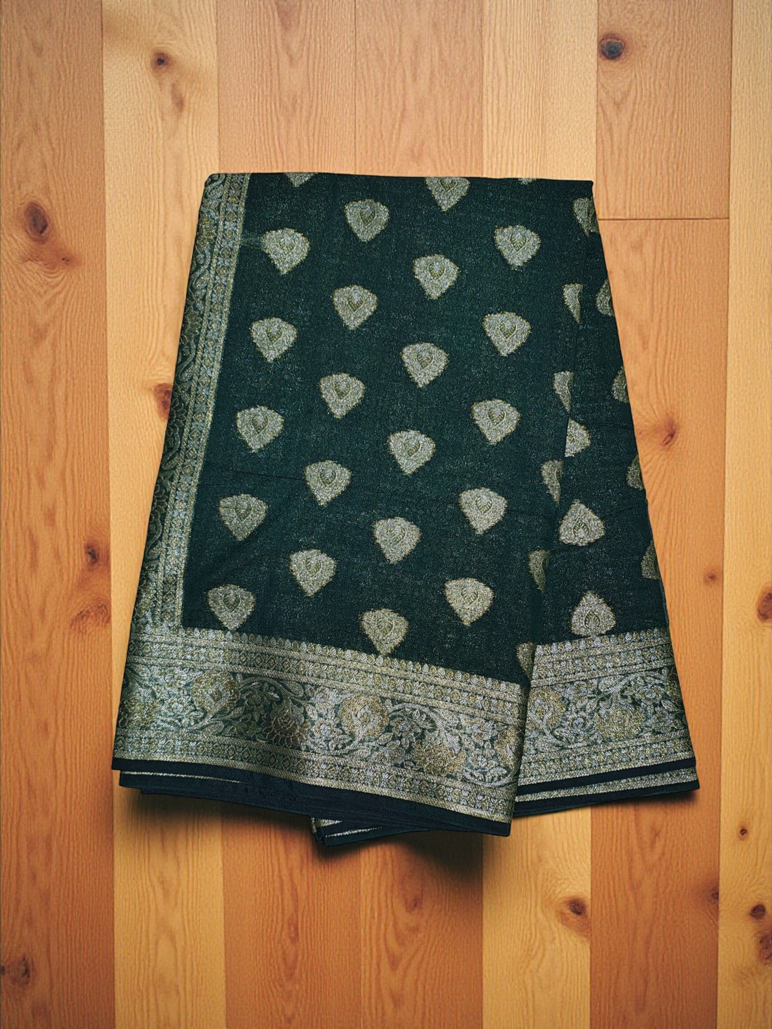 Dark Green Banarasi Silk Golden Zari Saree with Unstitched Blouse