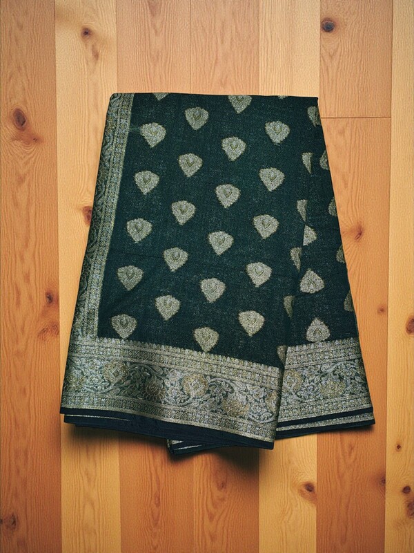 Dark Green Banarasi Silk Golden Zari Saree with Unstitched Blouse