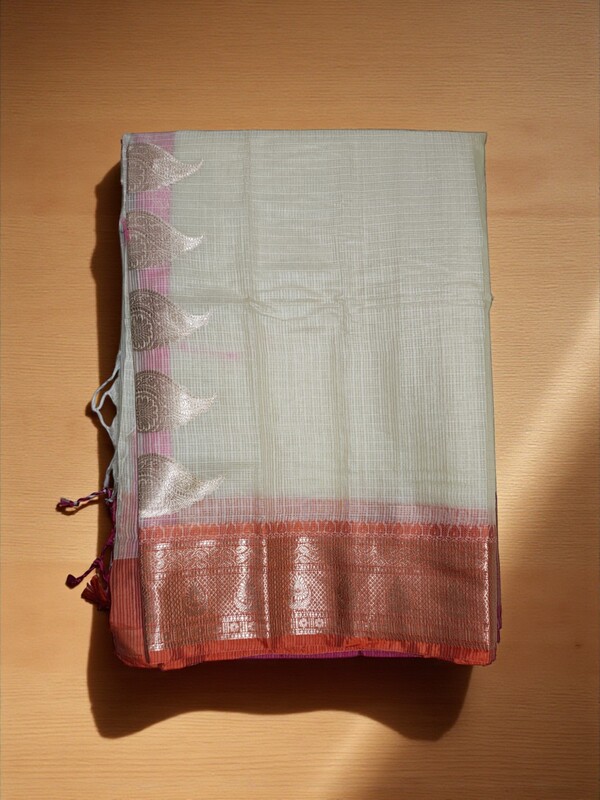 White & Pink Banarasi Silk Saree with Unstitched Blouse