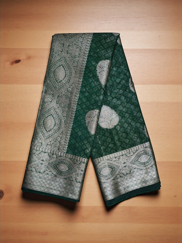 Dark Green Banarasi Silk Zari Saree with Unstitched Blouse