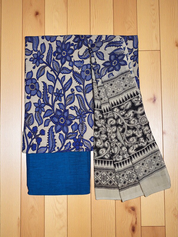 Indigo Pure Cotton Kalamkari Hand Block Print Unstitched Salwar Suit Set