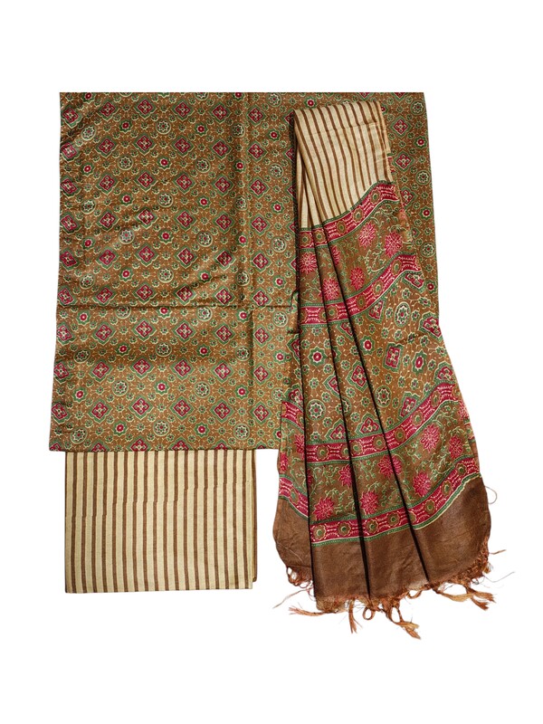Olive Green Unstitched Batik Print Silk Salwar Suit Dress Material with Dupatta