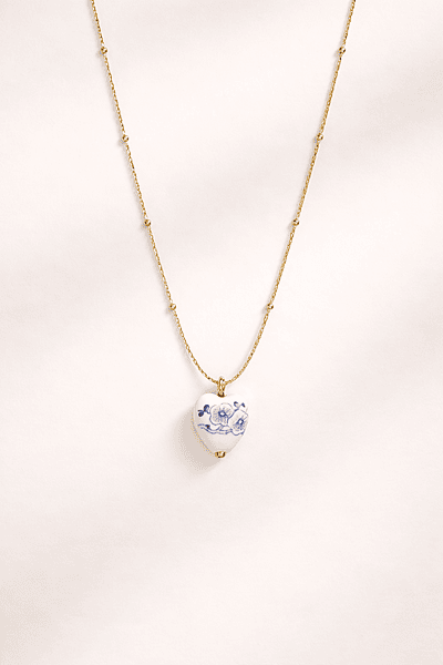 Gold Satellite Chain Necklace with Floral Heart Pendant