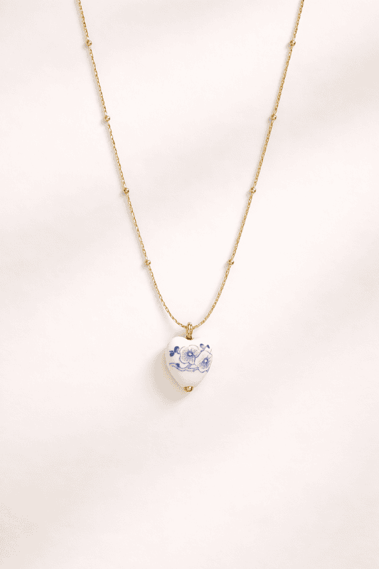 Gold Satellite Chain Necklace with Floral Heart Pendant