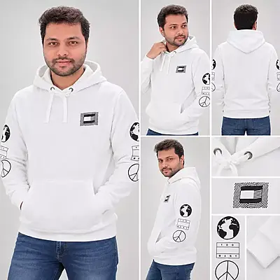 Men’s Printed Graphic Pullover Hoodie – White