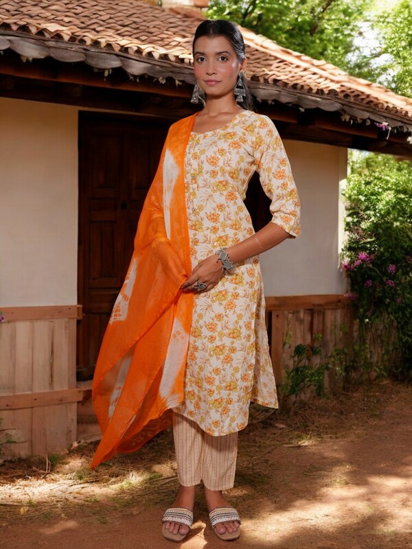 ORANGE AND WHITE FLORAL PRINT COTTON SALWAR SUIT SET