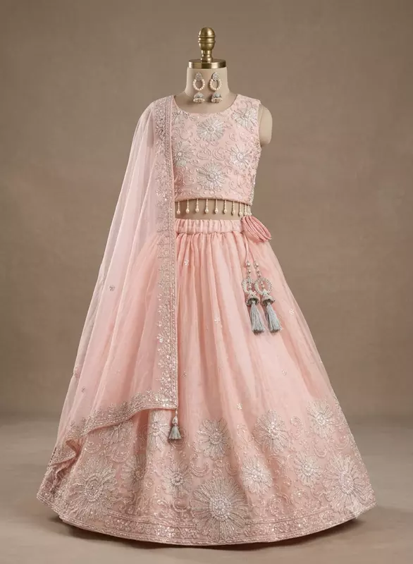 Peach Blossom Embroidered Festive Lehenga Choli Set for Girls