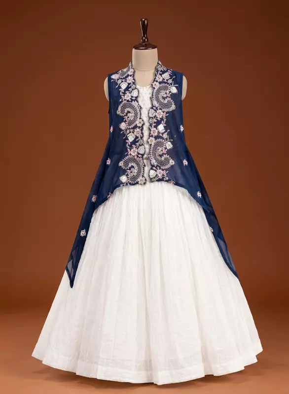 Girls Navy Blue Embroidered Anarkali Lehenga Set with White Skirt