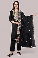 Floral Embroidered Cotton Salwar Suit with Dupatta, 3-Piece Traditional Set