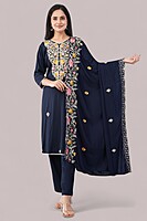 Floral Embroidered Cotton Salwar Suit with Dupatta, 3-Piece Traditional Set