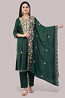 Floral Embroidered Cotton Salwar Suit with Dupatta, 3-Piece Traditional Set