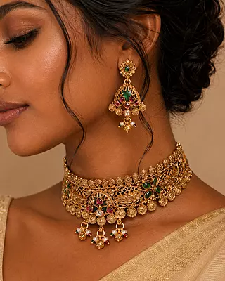 Vanyara Antique Gold Choker Jewellery Set with Earrings and Maang Tikka