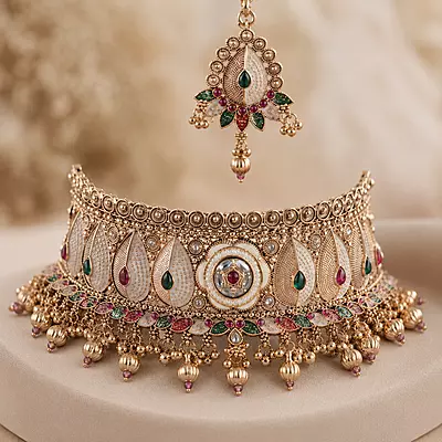 Mehrika Multicolour Enamel Choker Jewellery Set with Earrings and Maang Tikka