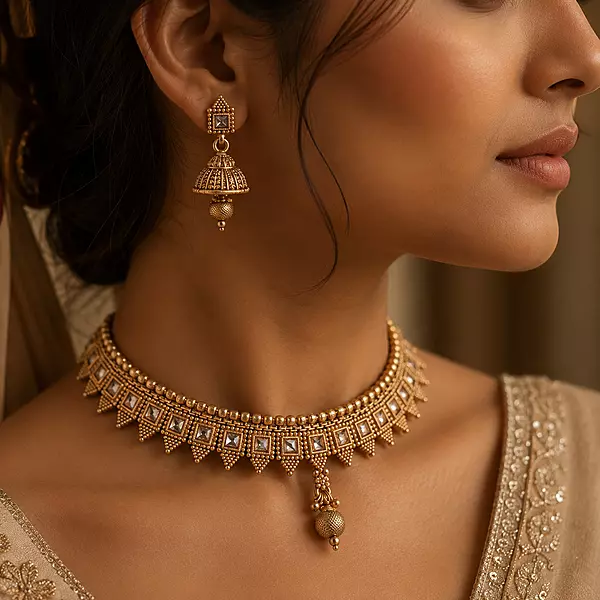 Mayura Antique Gold-Tone Square Stone Choker and Jhumka Earrings Set