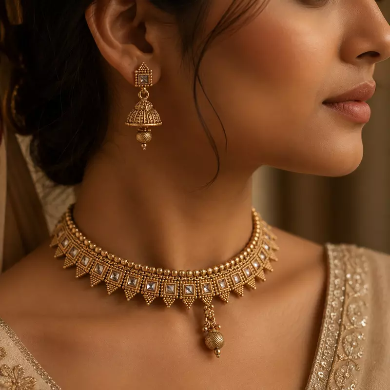 Mayura Antique Gold-Tone Square Stone Choker and Jhumka Earrings Set