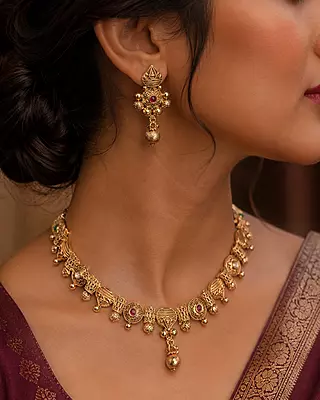 Aaranya Antique Gold-Tone Heritage Necklace and Earrings Set