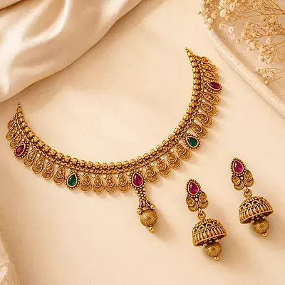 Aarini Antique Gold Paisley Necklace Set with Jhumka Earrings