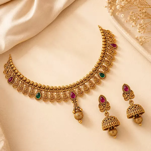 Aarini Antique Gold Paisley Necklace Set with Jhumka Earrings