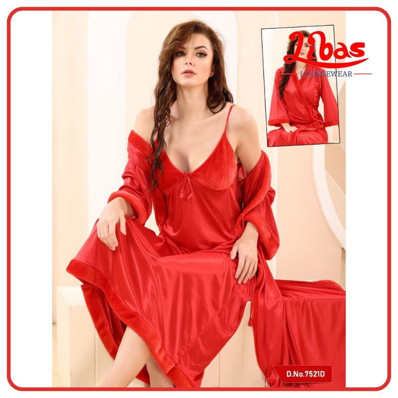 Plain Cinnabar Red Satin Two Piece Fancy Nighty From Libas Loungewear - FCN147 Plain Cinnabar Red Satin Two Piece Fancy Nighty From Libas Loungewear - FCN147