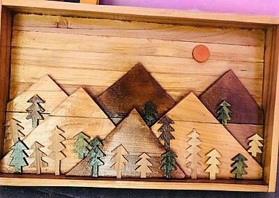 Hand crafted Kullu scenery wooden wall hanging