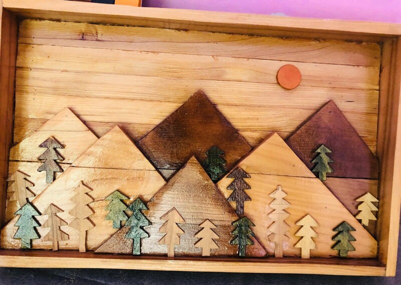 Hand crafted Kullu scenery wooden wall hanging