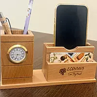 Wooden desk organizer with business card holder clock and mobile stand Wooden desk organizer with business card holder clock and mobile stand