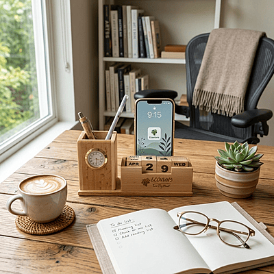 Wooden Desk Organizer with Perpetual Calendar Wooden Desk Organizer with Perpetual Calendar