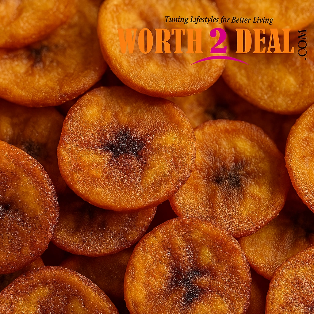 Close-up of ripe plantain banana chips showing crisp golden texture