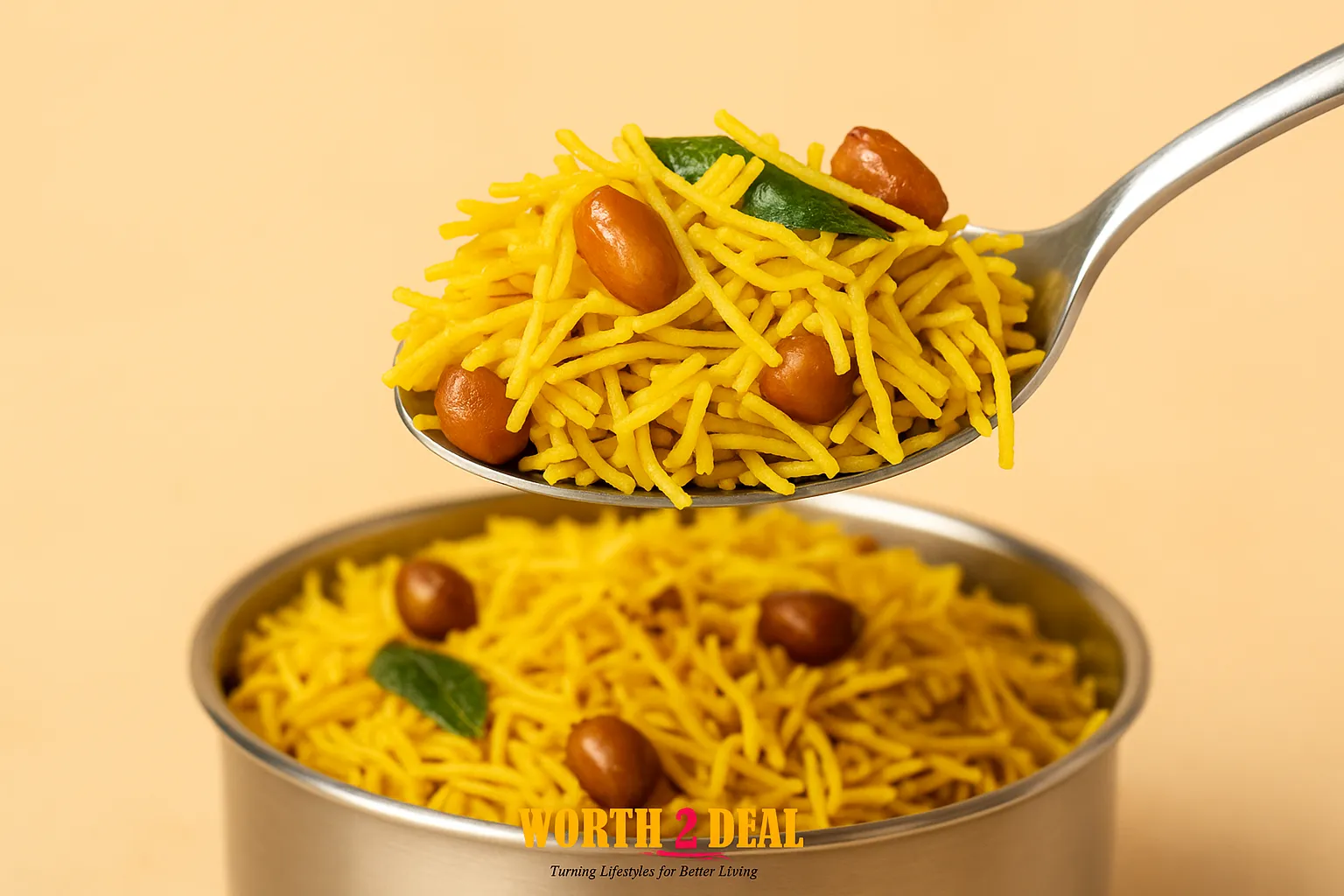 Close up of Bombay mixture namkeen showing sev boondi lentils peanuts and spices