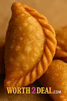 Close up of Worth2Deal Kozhi Ada showing whole wheat crust and spiced chicken breast filling
