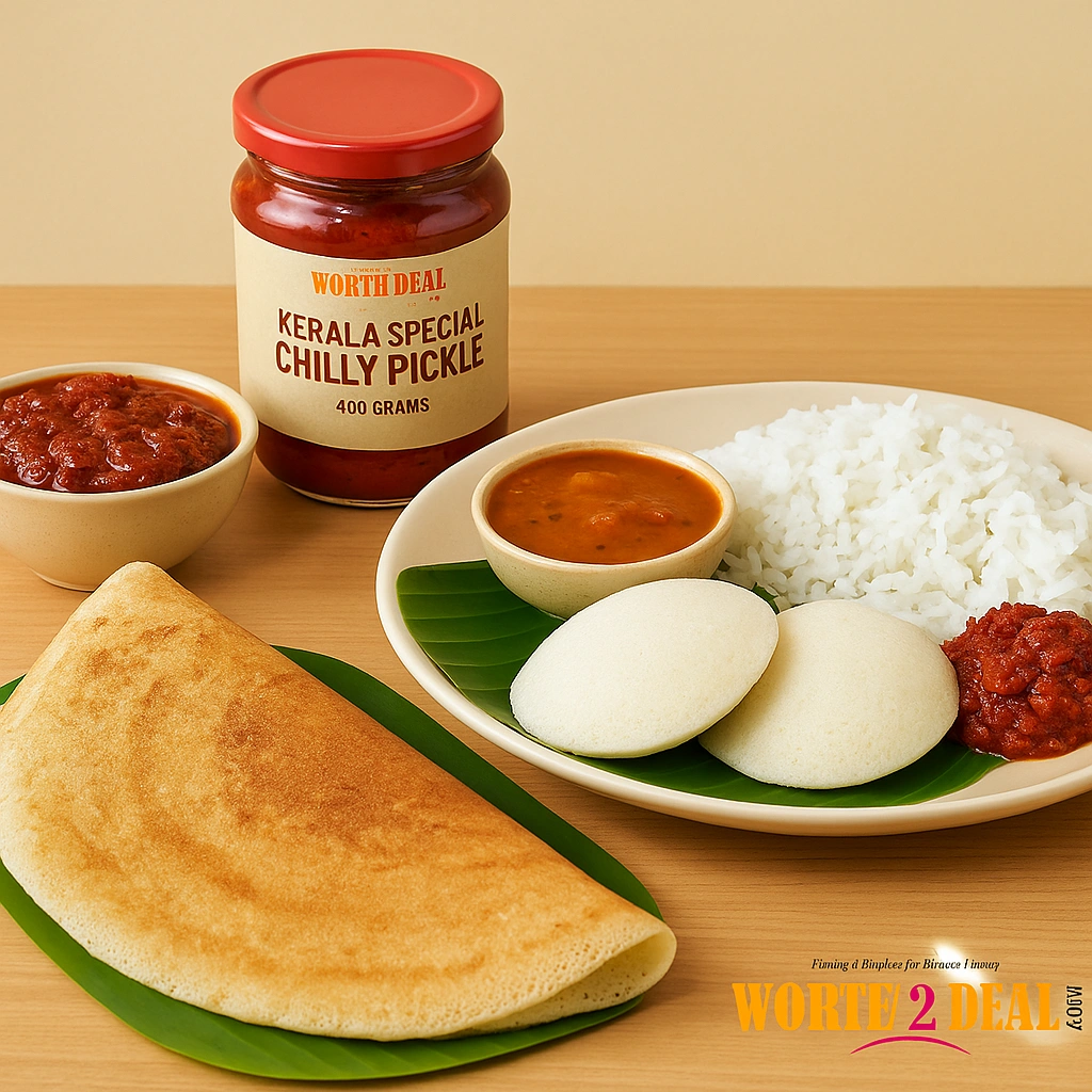 Worth2Deal Kerala Chilly Pickle served with South Indian rice idli and dosa — authentic mulaku achar