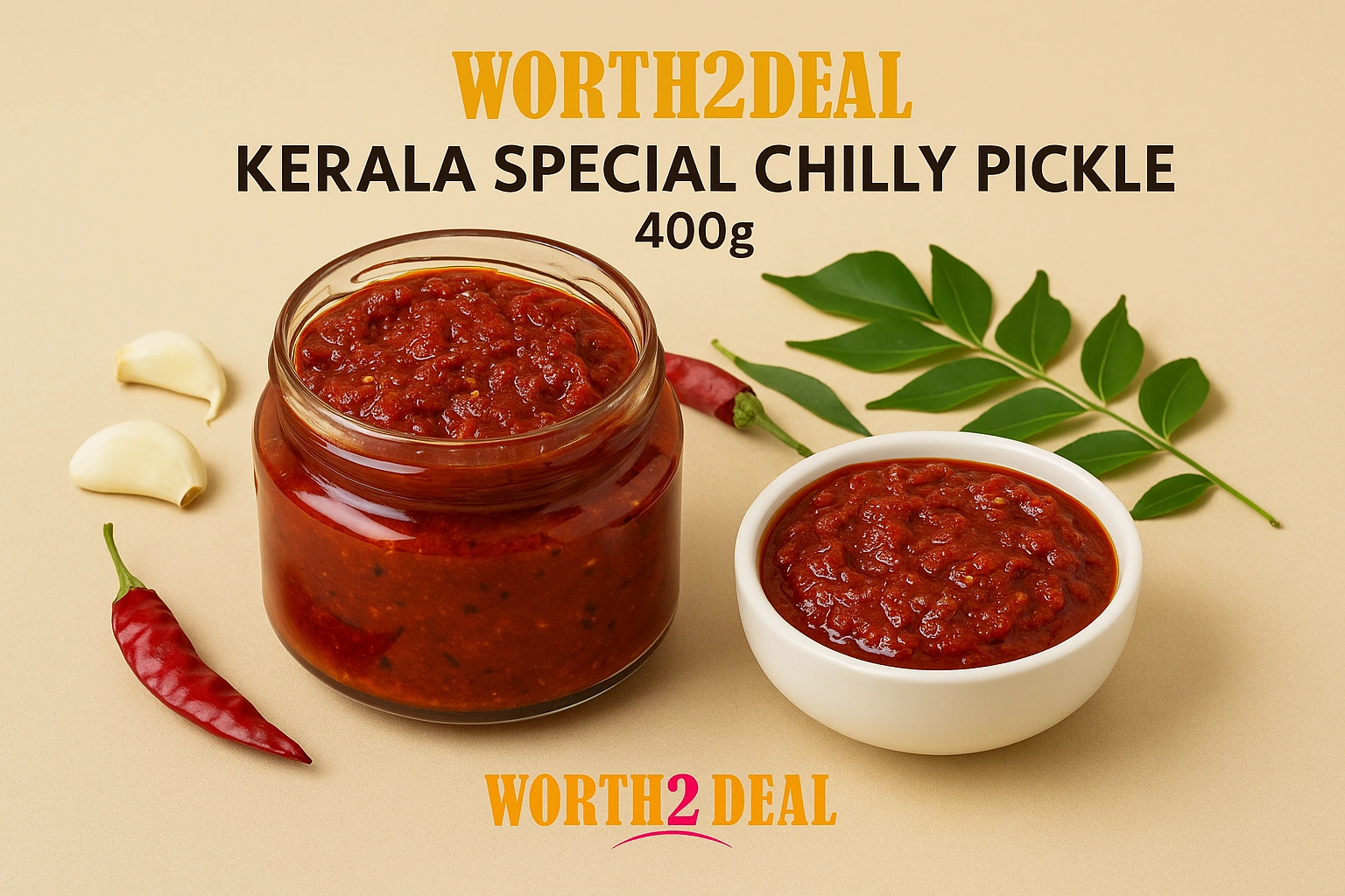 Worth2Deal Kerala Chilly Pickle 400g spicy red chilli chutney achar
