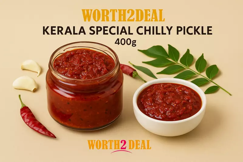 Worth2Deal Kerala Chilly Pickle 400g — spicy red Kashmiri chilli achar in gingelly oil Malappuram