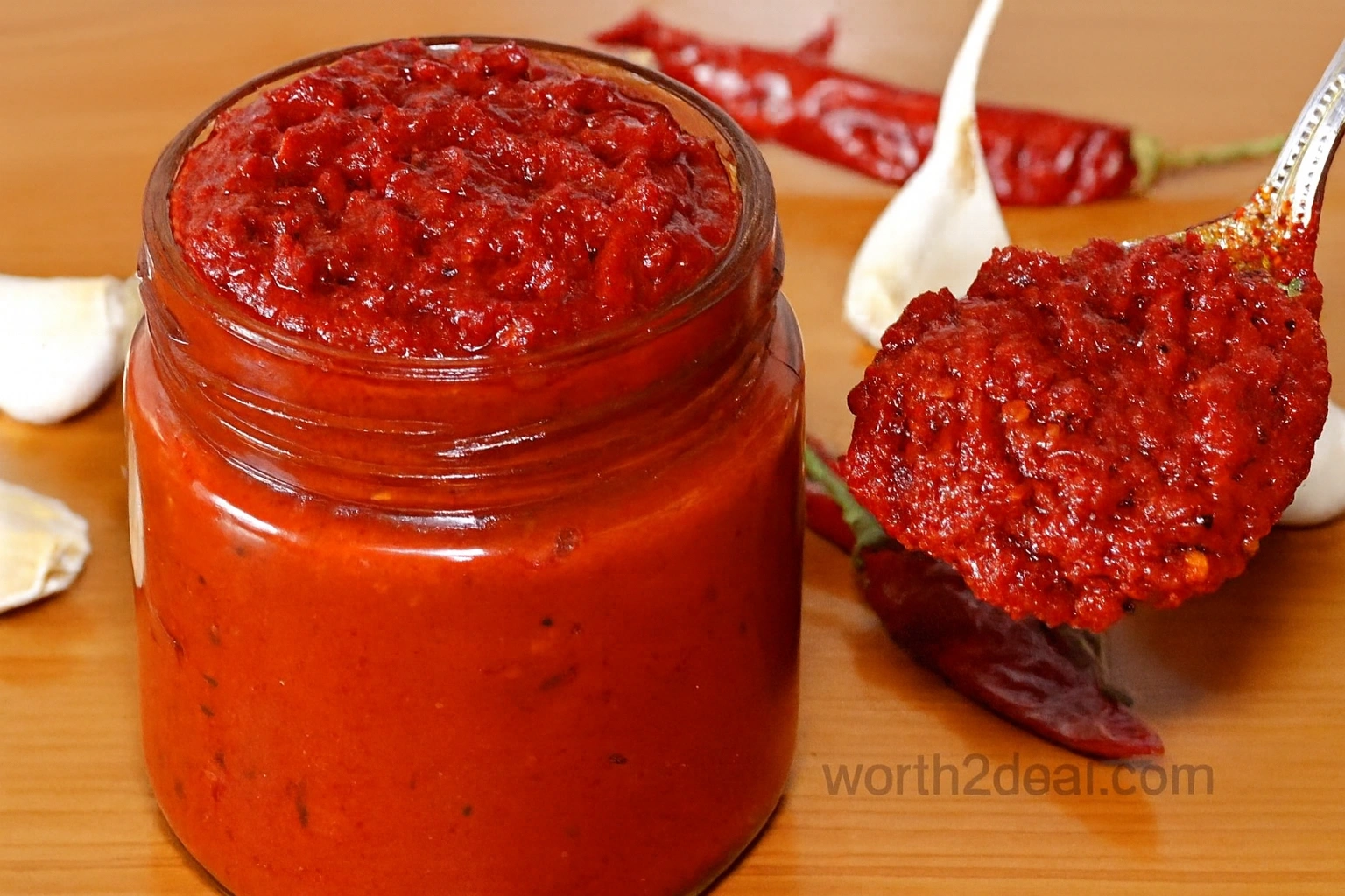 Close up of Kerala red chilly pickle showing garlic tamarind and chilli pieces