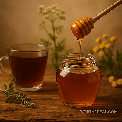 Kerala forest honey jar on rustic table with natural props