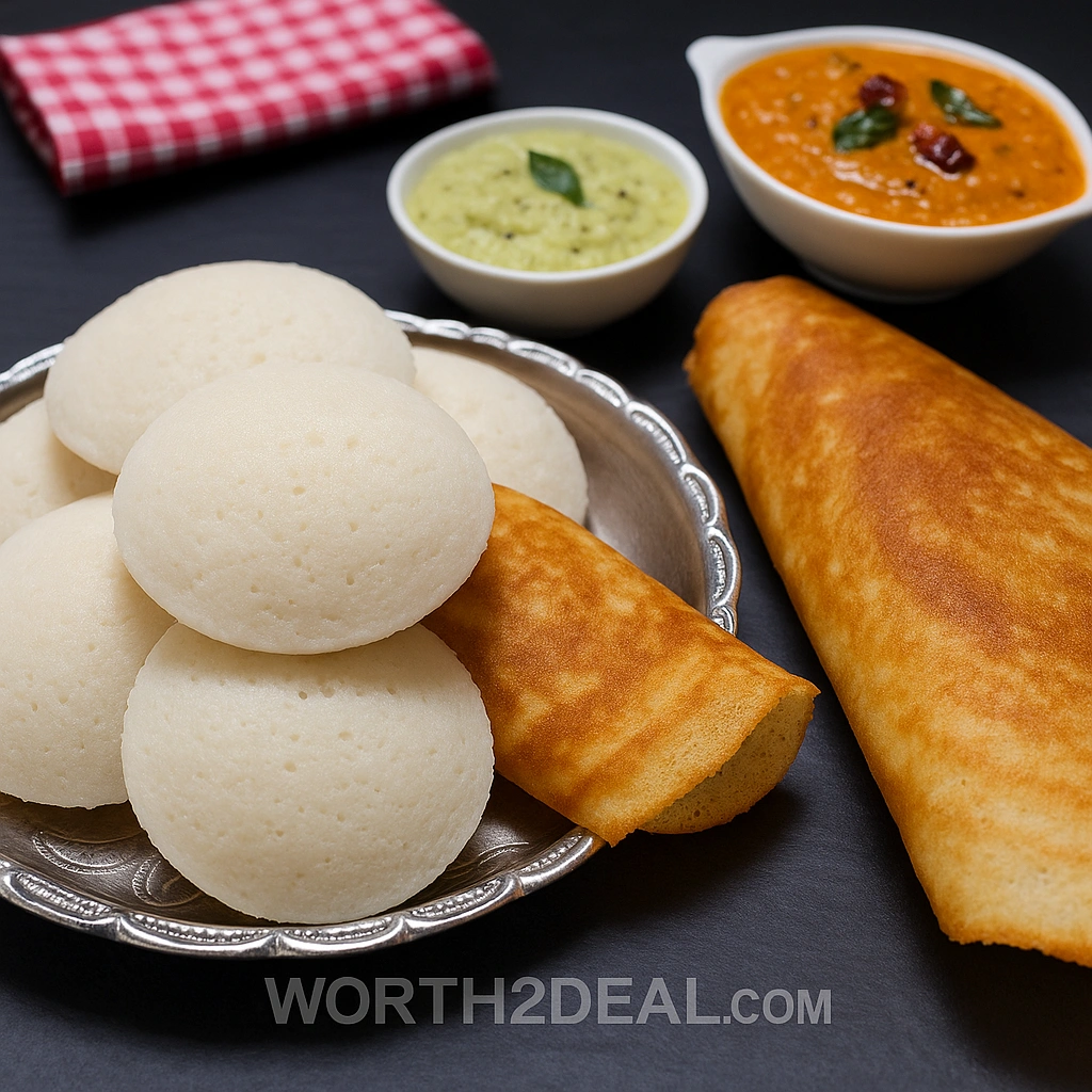 South Indian breakfast soft idlis and crispy dosas made using Worth2Deal homemade idli dosa flour