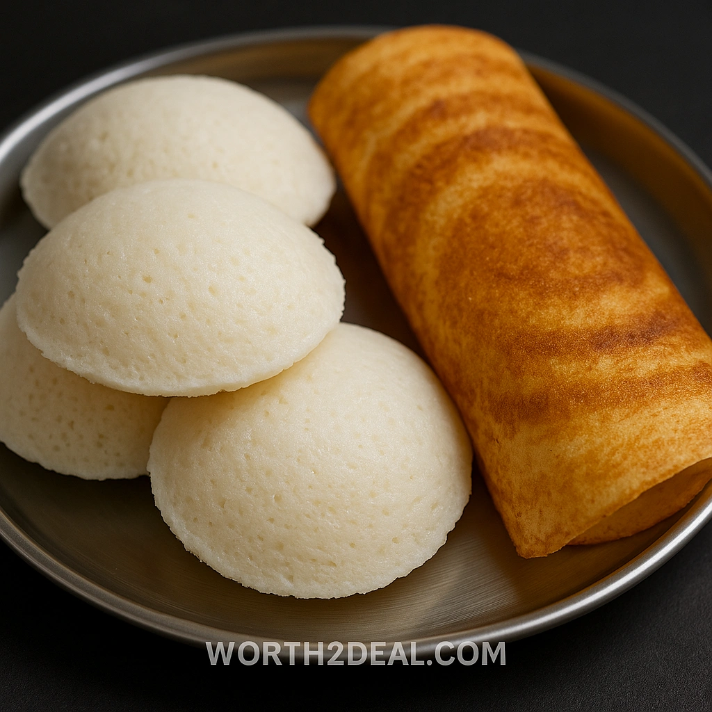 Prepared idli dosas made from Worth2Deal homemade flour showing smooth soft pluffy texture