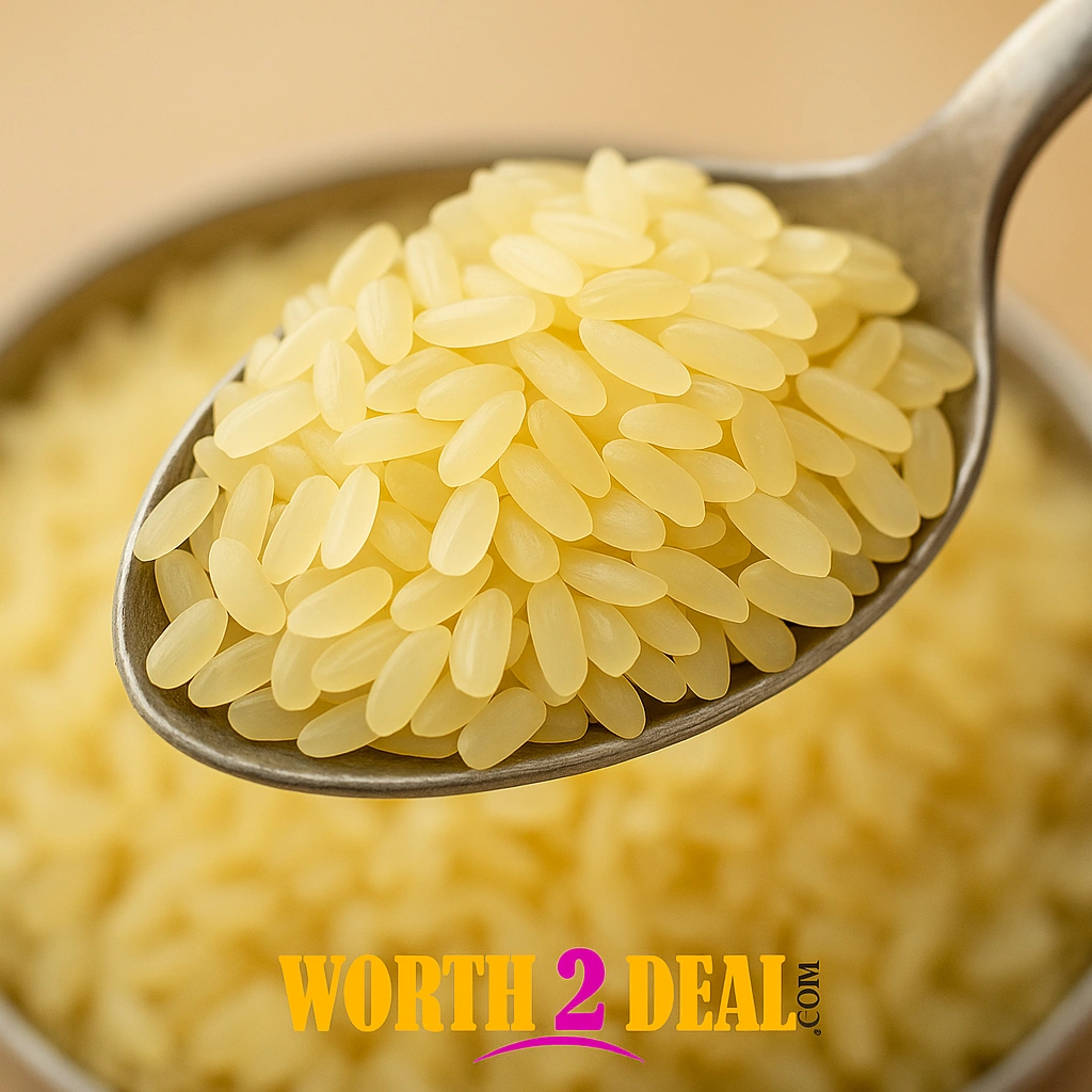 Close up of glossy white parboiled Jaya rice grains showing clean texture
