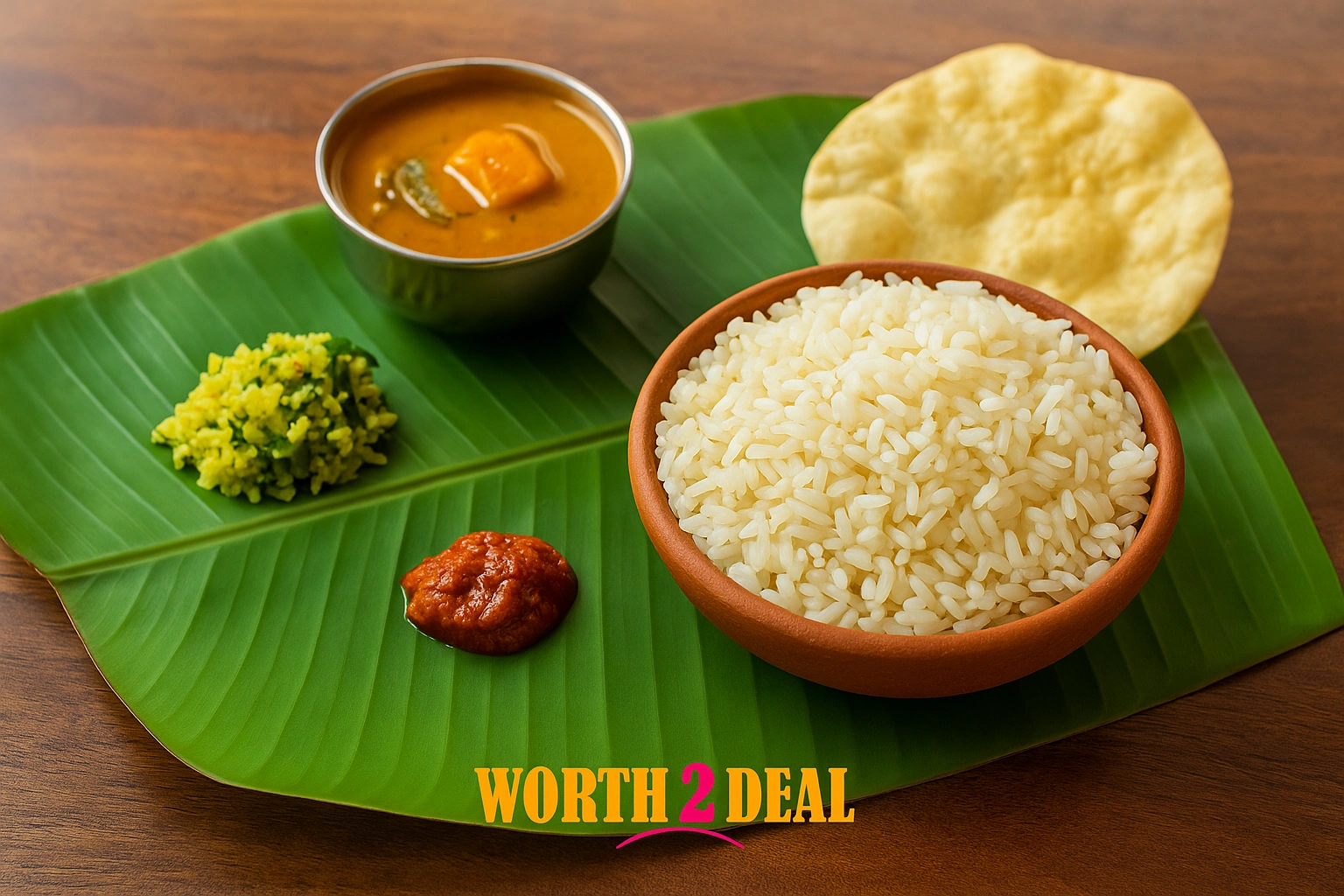 Cooked Kerala Jaya Rice served with sambar thoran papad on banana leaf