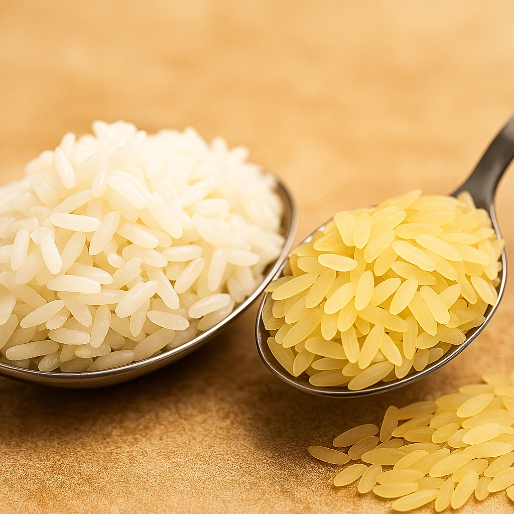 Macro shot of cooked Jaya rice soft fluffy separate grains with uncooked rice