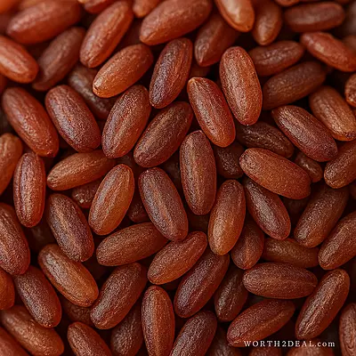 Macro close-up of Kerala organic brown rice grains showing bran texture – Worth2Deal