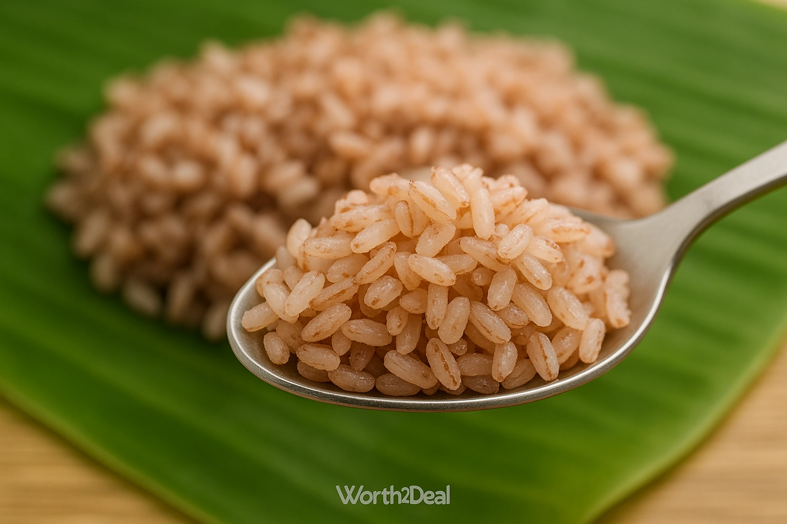 Close up of cooked brown matta rice showing bran rich texture and natural fiber lines