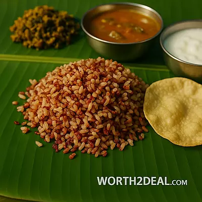 Kerala brown rice bowl on banana leaf with traditional elements – Worth2Deal