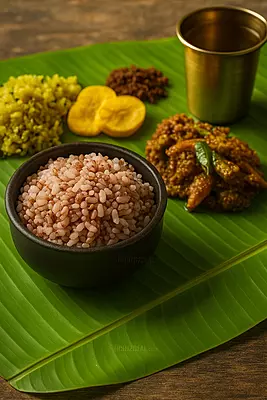 Kerala organic brown rice in traditional setup on banana leaf – matta rice Worth2Deal
